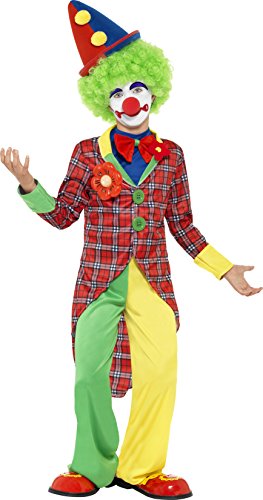 "Child dressed in red, green, and yellow clown costume with white face paint."