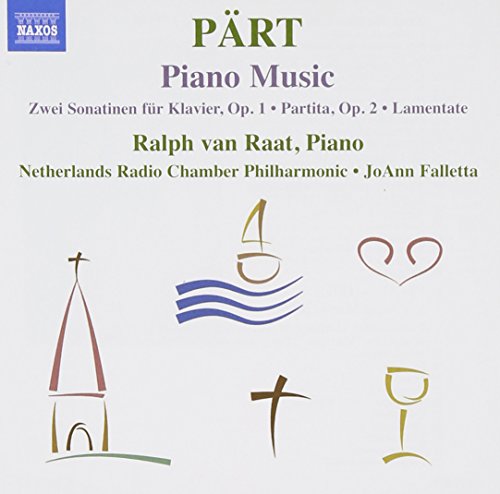 CD cover with simple illustrations and text, featuring "PÄRT Piano Music" on a white background.