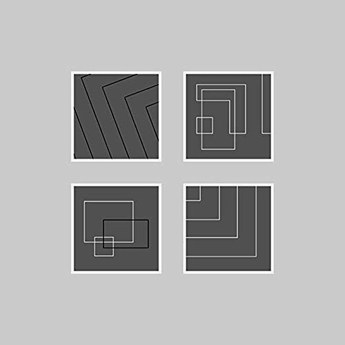 Four grey squares with white outlines of geometric shapes on a light grey background.