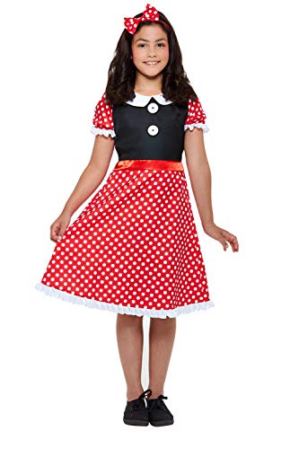 Young girl wearing a red and white polka dot dress with a black bodice and black shoes.