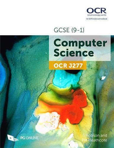 The image depicts the cover of a textbook titled "Computer Science OCR J277". The cover features a predominantly white header with the "OCR" logo and the text "GCSE (9-1)" in black. Below this, a translucent white rectangle contains the title "Computer Science" in large green font, with "OCR J277" written in white on an orange banner underneath. The background of the cover showcases a vibrant, abstract design in shades of green, blue, yellow, and red,