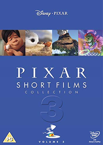 "Blue DVD cover with 'Pixar Short Films Collection 3' and four animated character images."