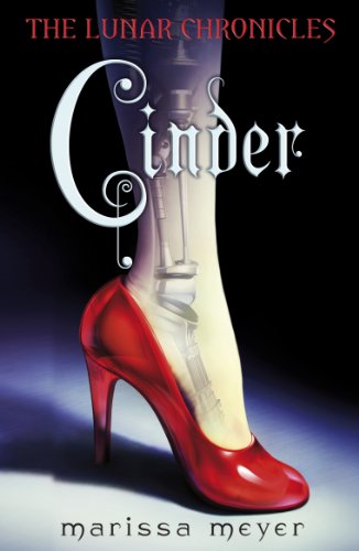 The image depicts a book cover featuring a red high-heeled shoe with a cyborg leg.