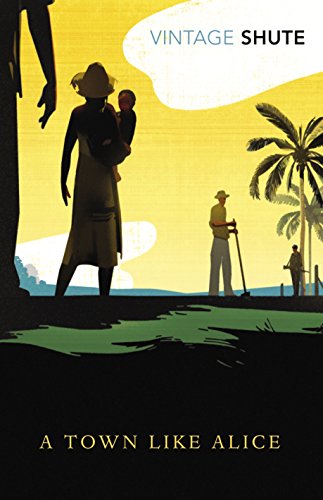 Book cover with silhouetted people, palm tree, and yellow sky, titled "A Town Like Alice".