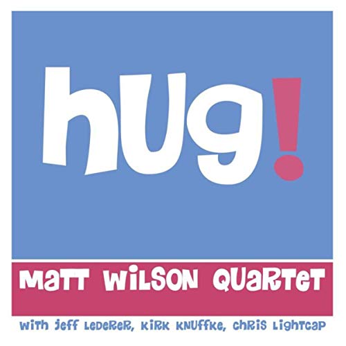 "CD cover with 'hug!' in white on blue background, artist names in white and blue."
