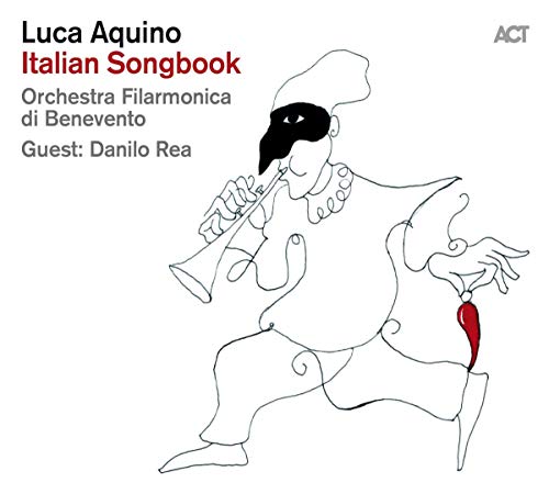 "Album cover with a line drawing of a man playing a trumpet, wearing a mask."