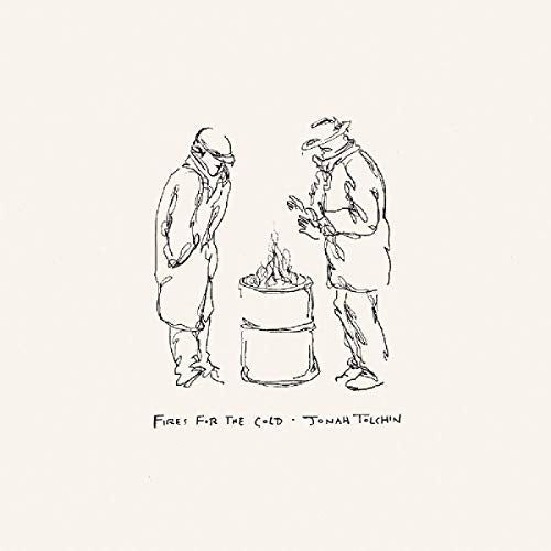 The image shows a vinyl record cover with a simple black line drawing. Here is a concise alt text: "Vinyl record cover with two men standing by a burning barrel."