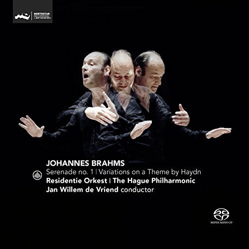 Brahms CD cover with conductor gesturing, multiple exposures, against a black background.