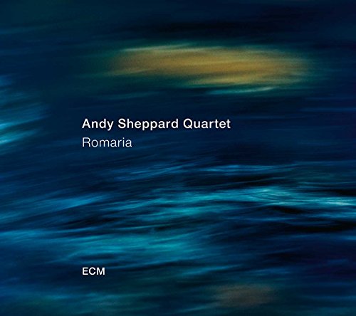 "Album cover with abstract blue and yellow wavy background, white text 'Andy Sheppard Quartet Romaria'."