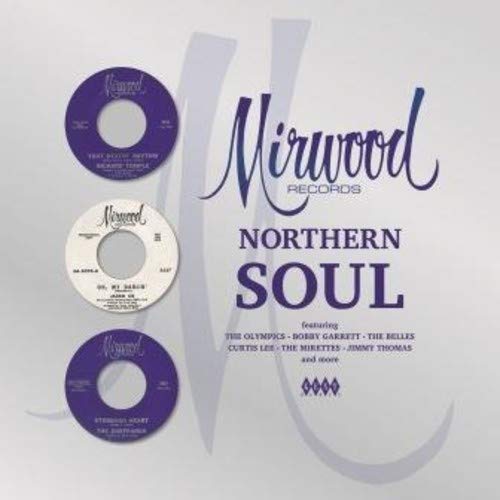 "Three vinyl records with purple and white labels, 'Mirwood Northern Soul' text on a grey background."