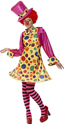Woman in a clown costume with a pink hat, polka-dot dress, and striped tights.
