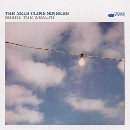 "Album cover with a light bulb on a wire against a cloudy sky."