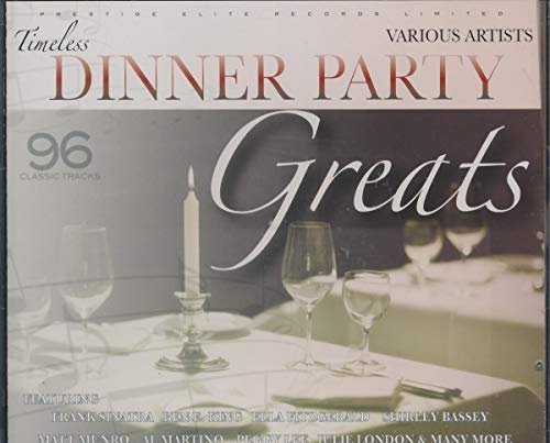 "Dinner Party Greats" CD cover featuring a candlelit dinner table with wine glasses.