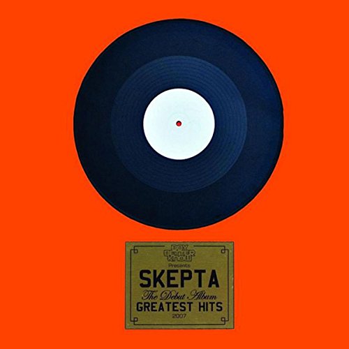 "Orange album cover featuring a vinyl record and 'Skepta Greatest Hits' text."