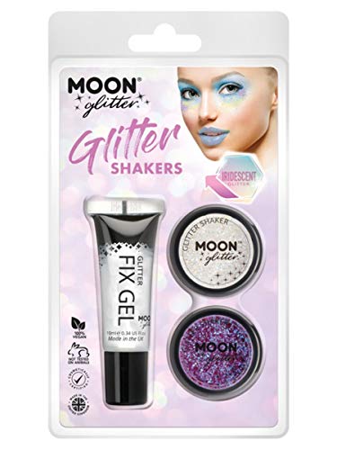 "Moon Glitter product packaging with gel, two glitters, and a model's face."