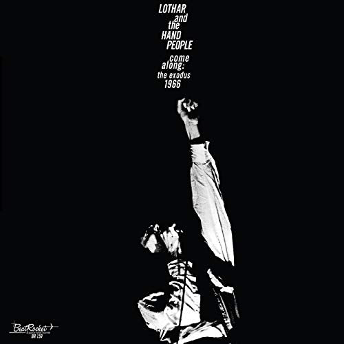Black album cover with white image of man raising fist, text above him.
