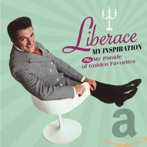 "Liberace sits in a white chair, wearing a checkered suit, on a green album cover."