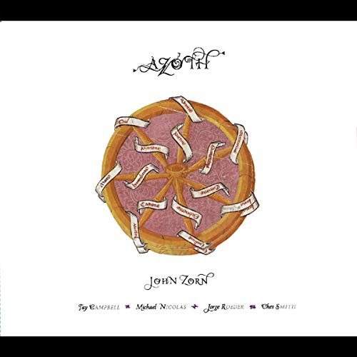 "Album cover with a pie illustration, featuring 'Azoth' and 'John Zorn' in ornate text."