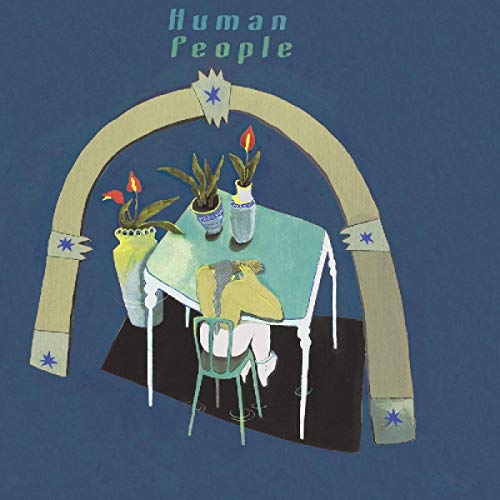"Album cover art featuring a table with plants and shoes under an archway."