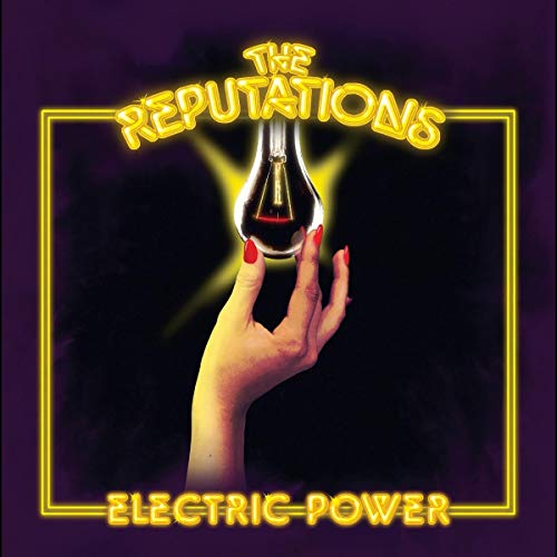 Album cover with hand holding lightbulb, yellow text, and neon border on purple background.
