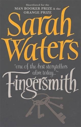 "Fingersmith" by Sarah Waters book cover with grey background, keys, and text overlay.