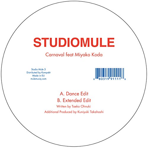 White vinyl record label with red text and a blue barcode on a white background.