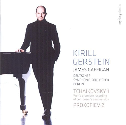 CD cover featuring pianist Kirill Gerstein standing beside a grand piano in a black suit.