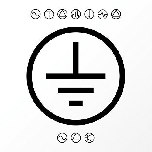 A black and white album cover with a large symbol and small circular icons.