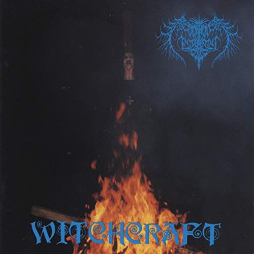 "Album cover with a burning effigy and blue 'Witchcraft' text on a dark background."