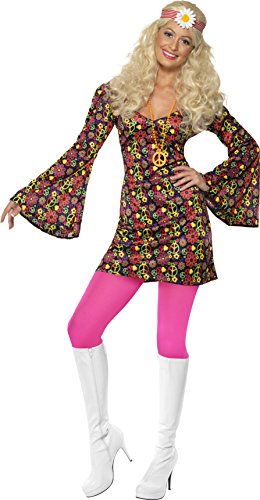 Woman wearing 1960s hippie costume: floral dress, pink leggings, white boots, and flower headband.