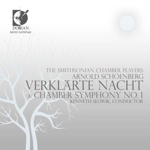 "Album cover with white tree branches on gray background, featuring text about classical music performance."