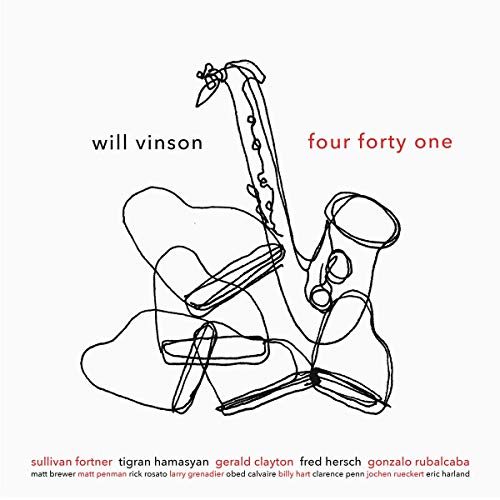 "Album cover featuring a simple line drawing of a saxophone on a white background."
