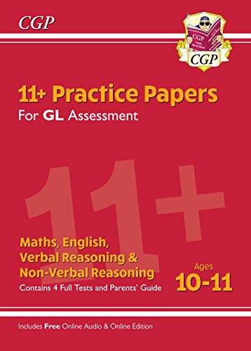 Red book cover with "11+" and "CGP" logos, and practice papers information.