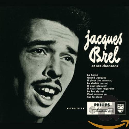 "Black-and-white album cover with Jacques Brel's portrait and song titles."