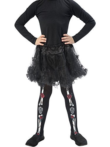 A person wears black tights with skeleton leg bones and red flowers.