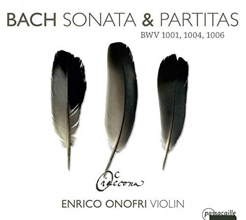 CD cover with three feathers and text "Bach Sonata & Partitas" on a white background.