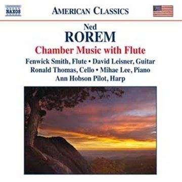 "CD cover with 'Ned Rorem: Chamber Music with Flute' and a serene landscape image."