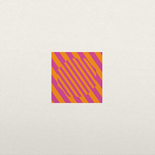 Abstract orange and pink striped square on a textured white background.
