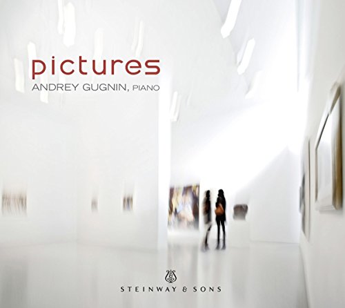 "Album cover with 'pictures' in red, featuring a blurred art gallery scene."