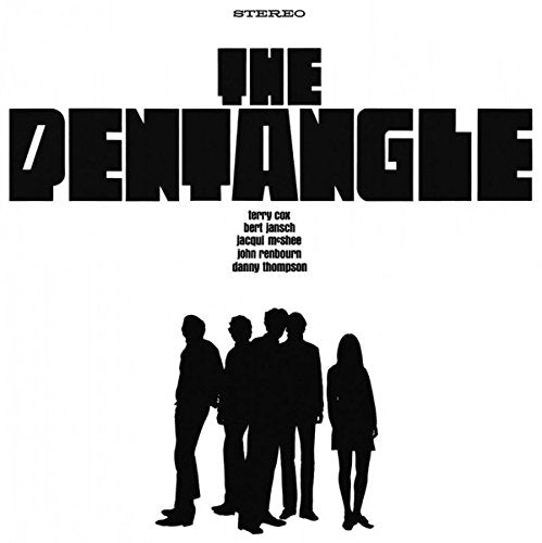 The image shows a vinyl record cover with silhouetted figures and bold text. Alt text: Vinyl record cover with "THE PENTANGLE" text and silhouetted band members.