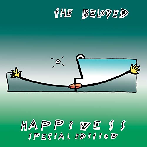"Album cover with cartoon hands reaching, 'The Beloved' and 'Happiness' text on gradient background."