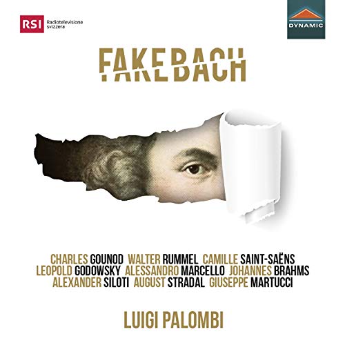 "Album cover with torn paper revealing a man's eye, 'Fake Bach' title, and artist Luigi Palombi."