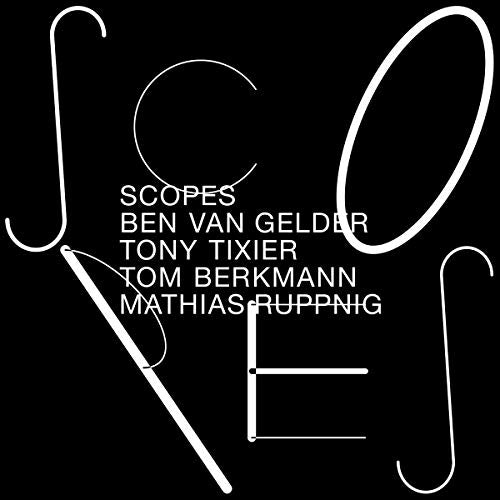 "Black album cover with white abstract shapes and artist names in white text."