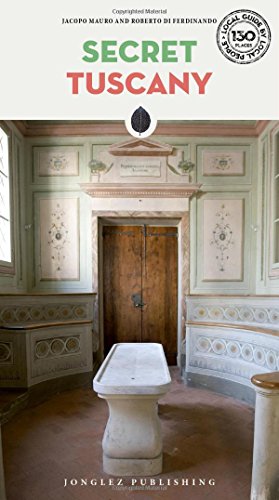 "Book cover with 'Secret Tuscany' title, ornate room image, and authors' names at the top."