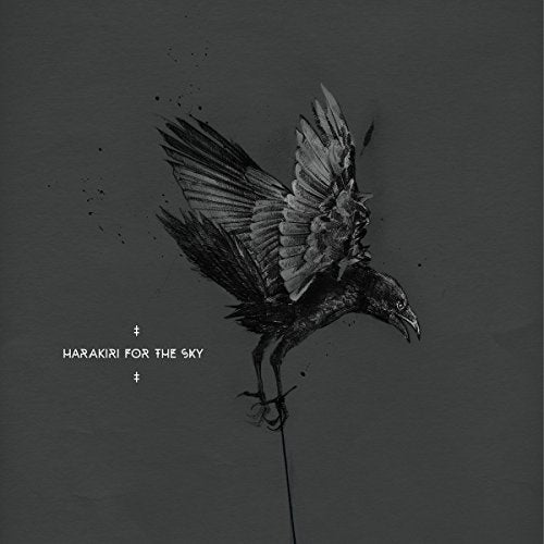 "Black and white album cover featuring a bird on a stake, dark background."