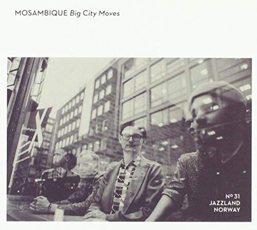 "Album cover with black and white photo of two men in cityscape."