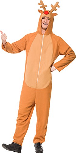 Man wearing an orange reindeer onesie costume with antlers and red nose, posing confidently.