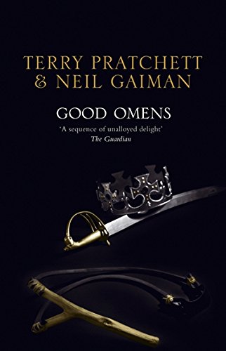 The image depicts the cover of "Good Omens" with a sword and crown.