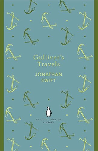 "Blue book cover with anchors, featuring 'Gulliver's Travels' by Jonathan Swift, published by Penguin."