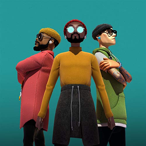Cartoon depiction of the Black Eyed Peas members in colorful outfits.